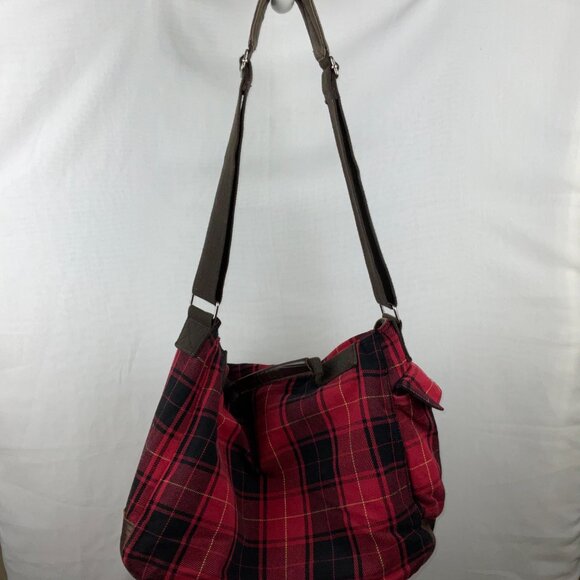 American Eagle Outfitters Red Plaid Canvas Duffel Bag - Picture 9 of 12